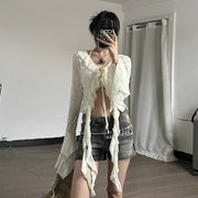 Ruffle Tail V‑Neck Cropped Top – Flirty Summer Tee