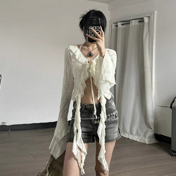 Ruffle Tail V‑Neck Cropped Top – Flirty Summer Tee