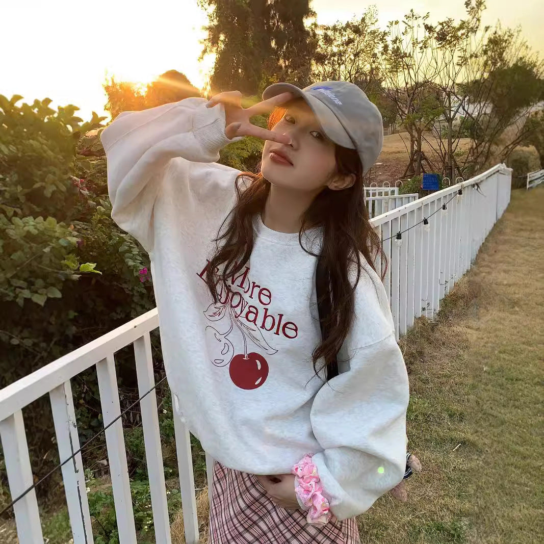 Cute Cherry Print Fleece-Lined Loose Sweatshirt