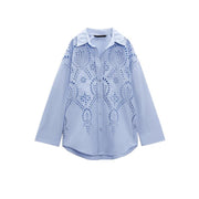 Long Sleeve Lapel Versatile Casual Top Hollow Embroidery Loose Shirt