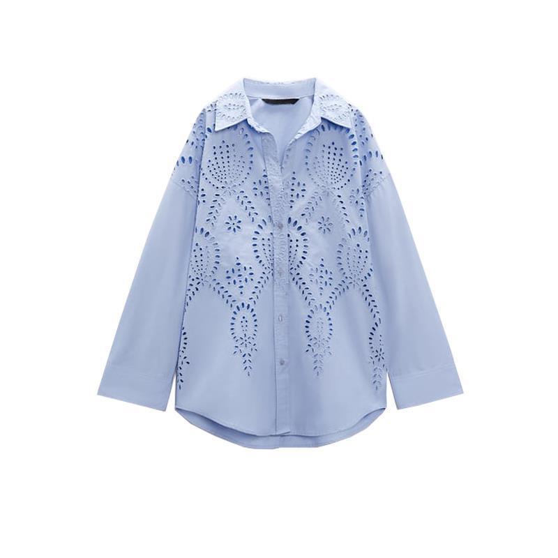 Long Sleeve Lapel Versatile Casual Top Hollow Embroidery Loose Shirt