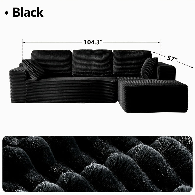 Modular L‑Shape Sectional Sofa with Chaise – Corduroy Fabric, 65" Reclining Chaise, No Assembly Required