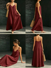 Solid Color V Neck Spaghetti Strap Maxi Dress Women Casual Flared Hem Long Dress