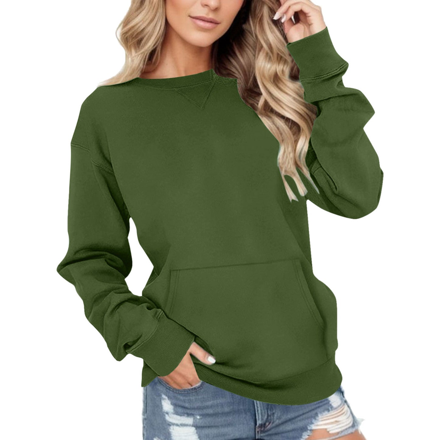 Casual Solid Color Long Sleeve Pocket Hoodie for Women