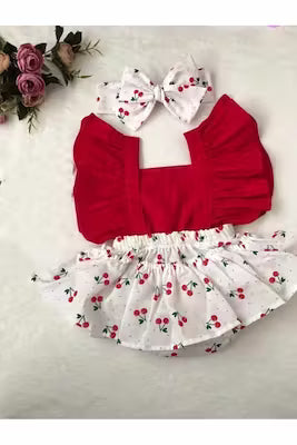 Cotton poplin bandana and salopette set with cherry print