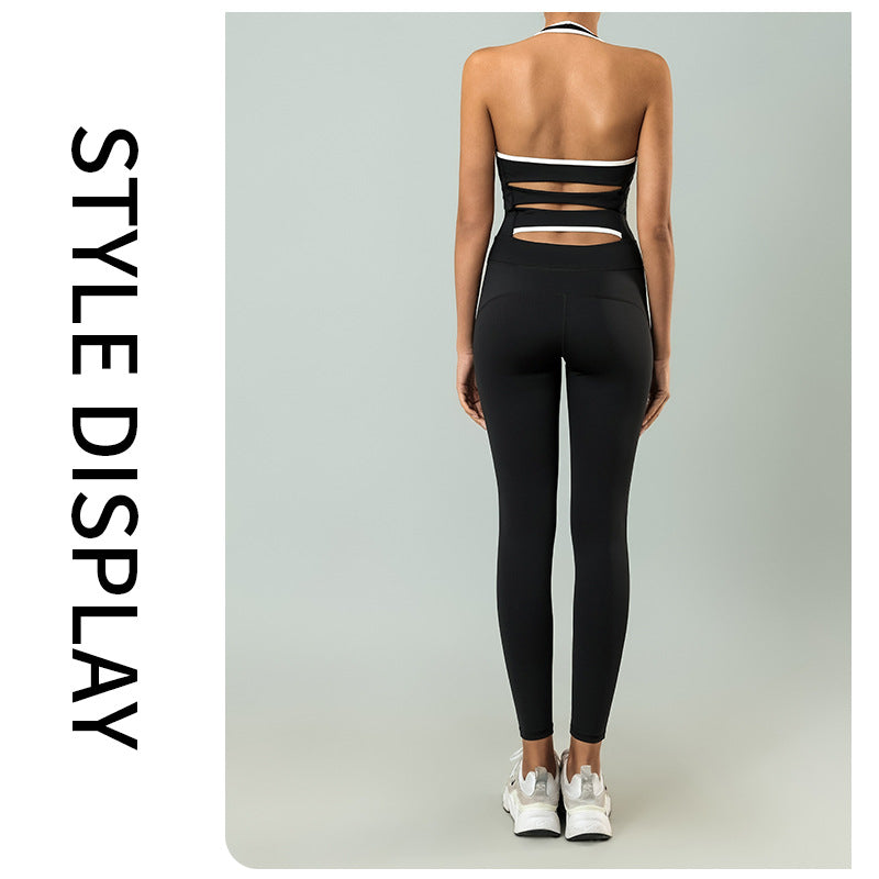 Color-Block Halter Yoga Jumpsuit with Chest Pad