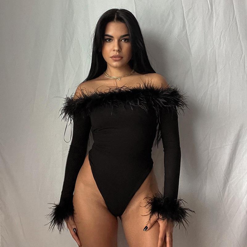 Furry Off-Shoulder Long-Sleeve Jumpsuit