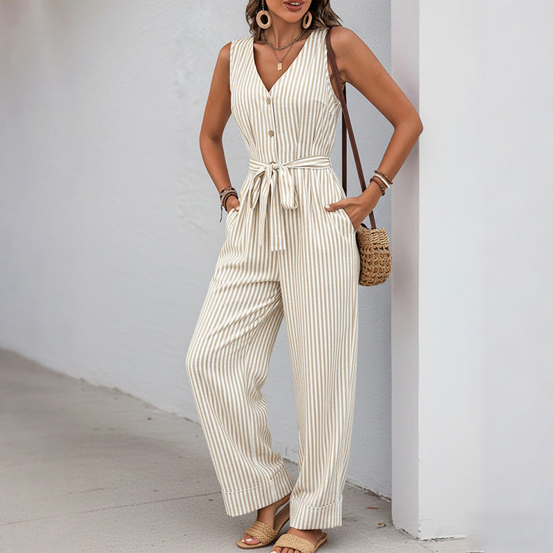 Women's Casual Striped Wide-Leg Jumpsuit