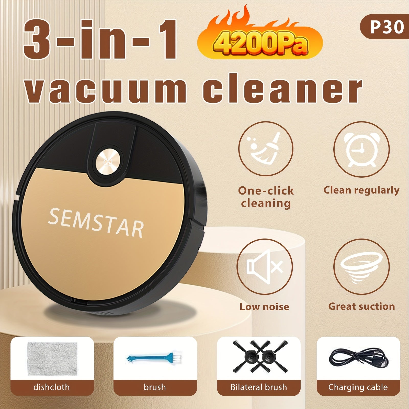 Robot Vacuum Cleaner, 3-in-1, Sweeping, Mopping, And Vacuuming All In One, 4, 000 Pa Powerful Suction, Up to 90mins Runtim, Low Noisesuitable for Hard Floors, Flatmarble Tiles And Wood Floor, Dorm...