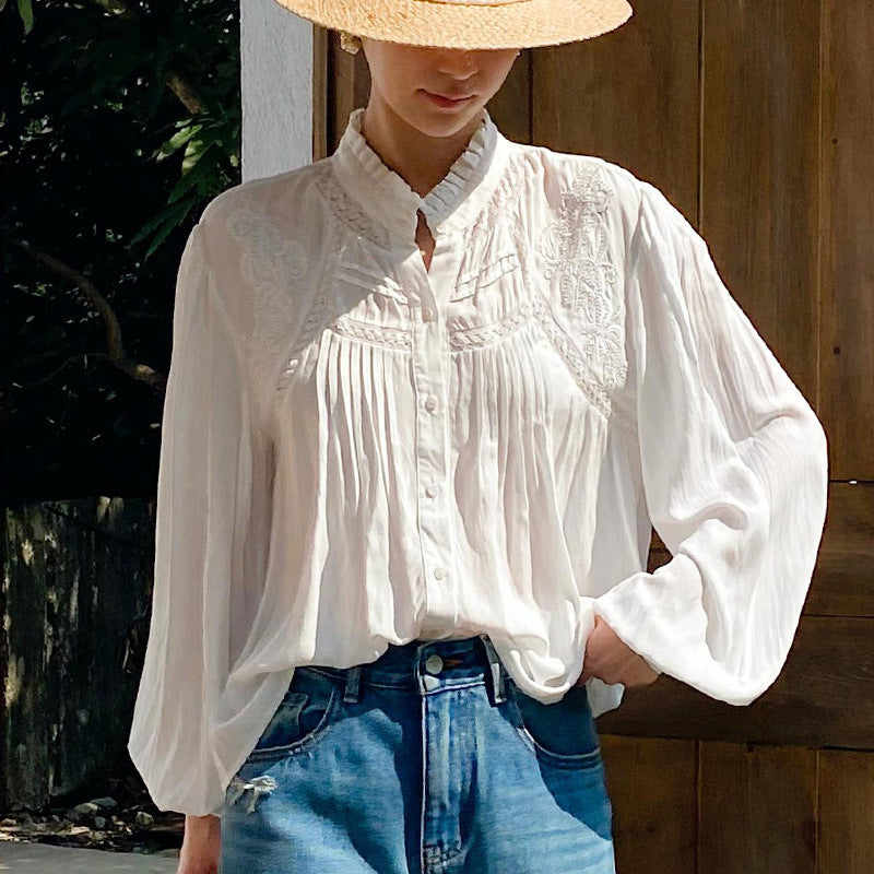 Womens French-style Solid Color Casual V-neck Blouse
