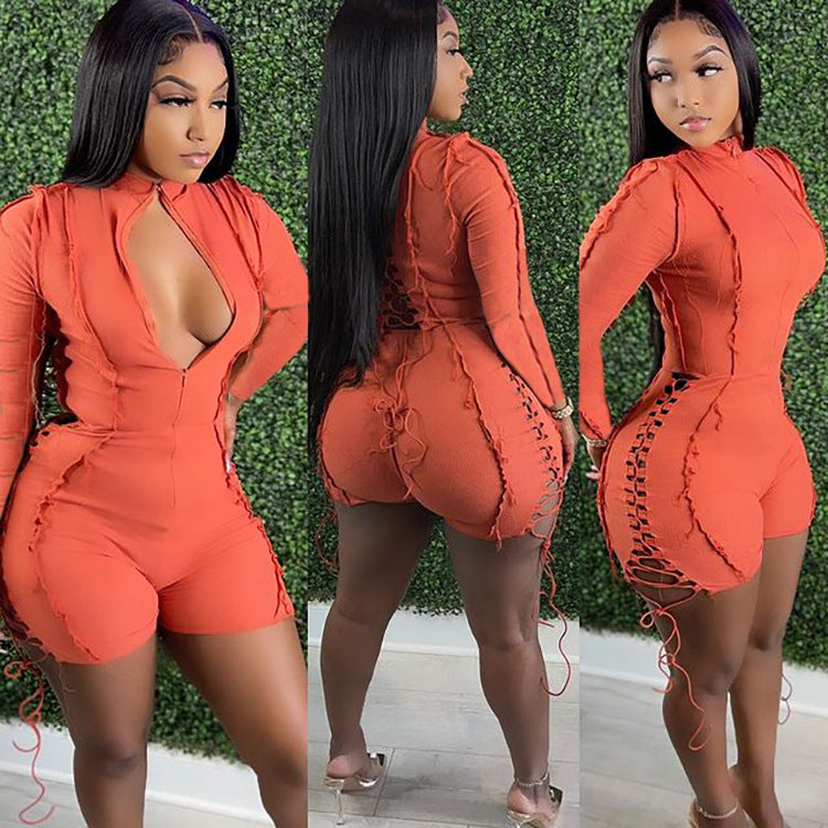 Fashion Sexy Patchwork Solid Color Tether Long Sleeve Jumpsuit