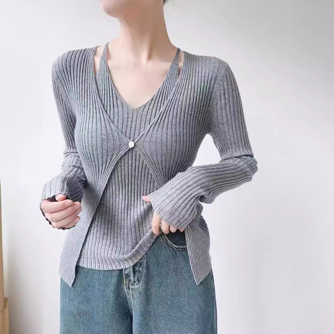 Women's Fake Two-piece Sunken Stripe Long-sleeved Sweater