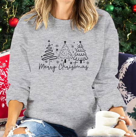 Festive Solid Color Christmas Crewneck Sweatshirt for Women