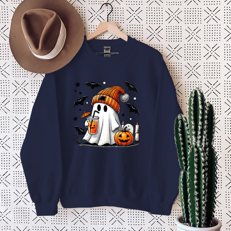 Women's Cute Halloween Ghost & Pumpkin Graphic Sweatshirt