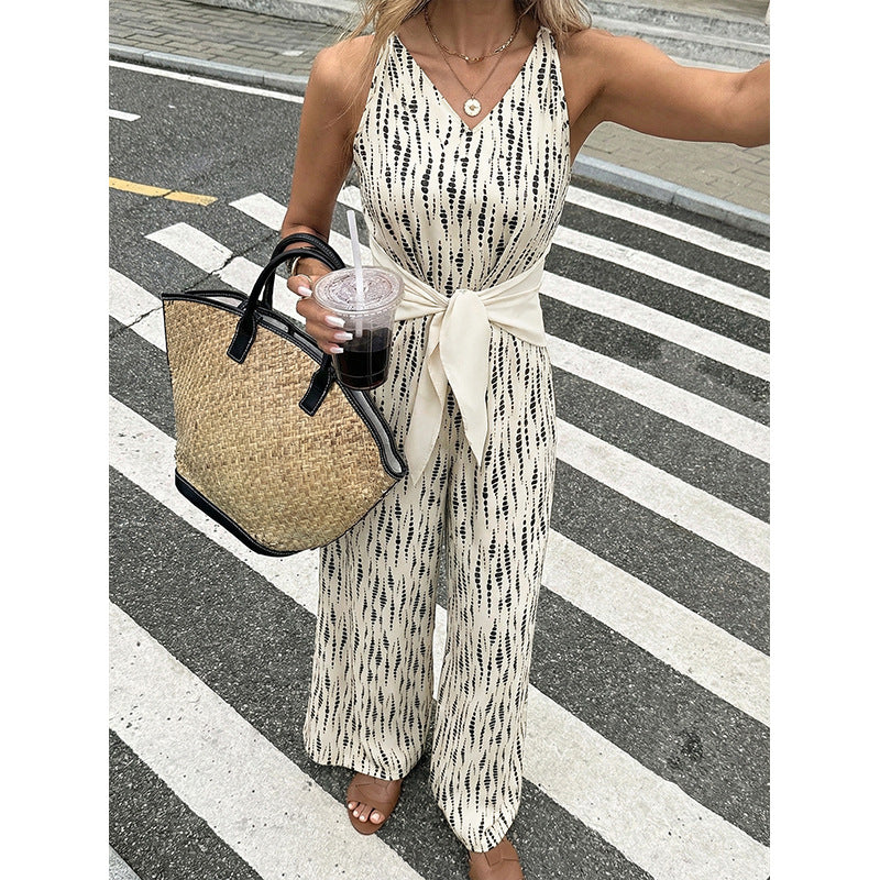 Strap V-neck Sexy Loose High-waist Jumpsuit