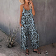 Casual Sleeveless Leopard-Print Jumpsuit With Pockets And A Relaxed Fit