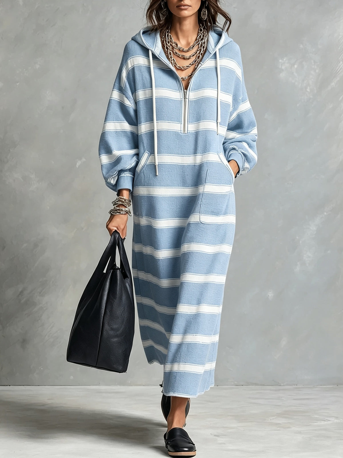 Women's Half-Zip Loose Printed Hoodie Dress