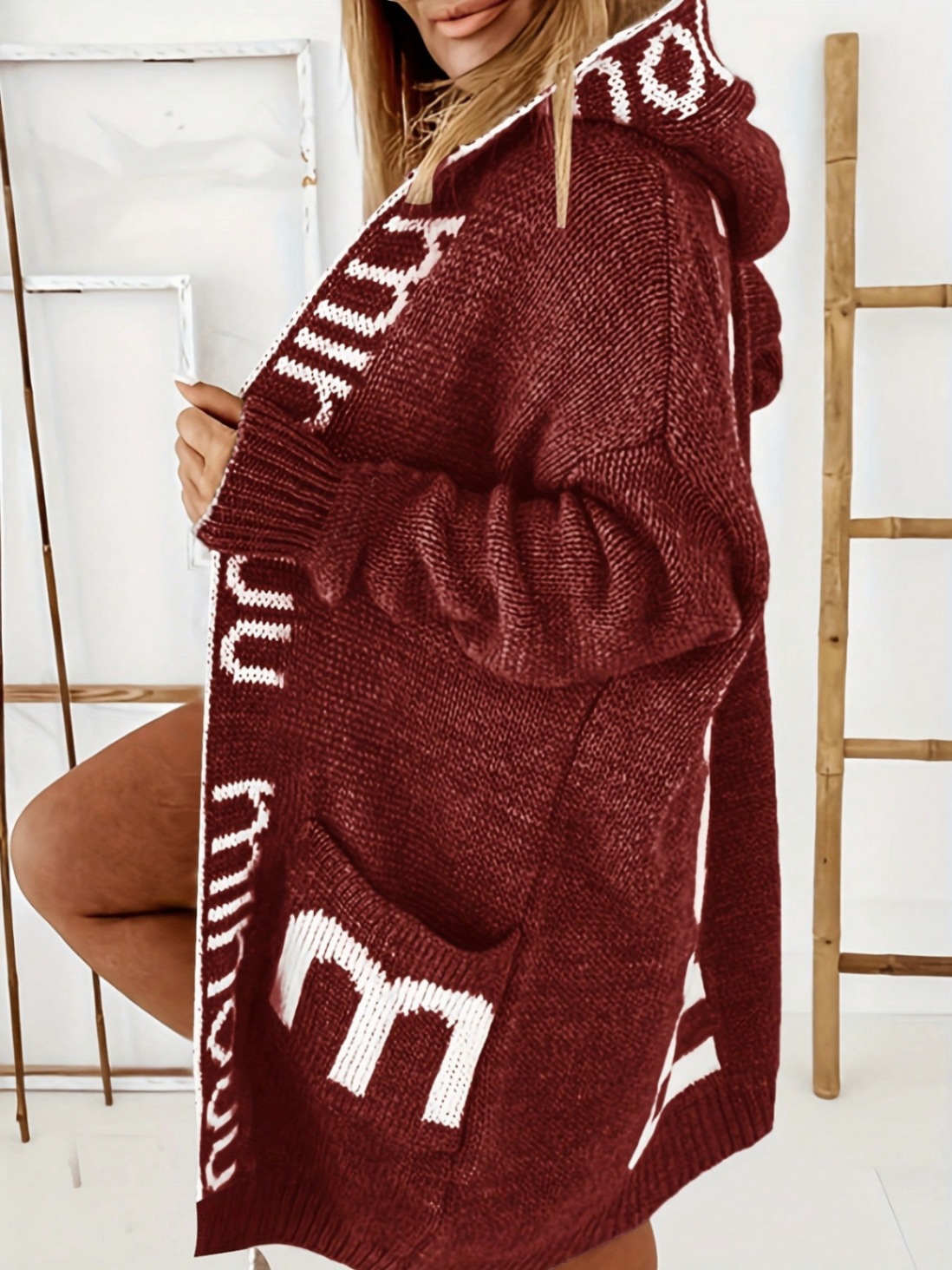 Women Loose Mid-length Hooded Knit Cardigan, Contrast Letter Jacquard Pockets Lazy Style Thick Sweater Coat for Fall Winter