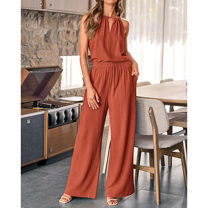 Hollow-out Halter Top And Wide-leg Pants Fashionable Casual Cotton-Linen Set