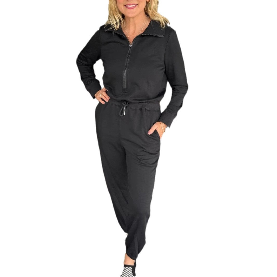Loose Zip Long Sleeve Polo Collar Jumpsuit Women