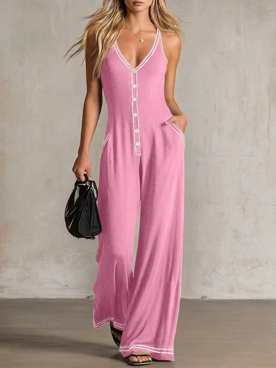 Chic French V-Neck Wide-Leg Cami Jumpsuit