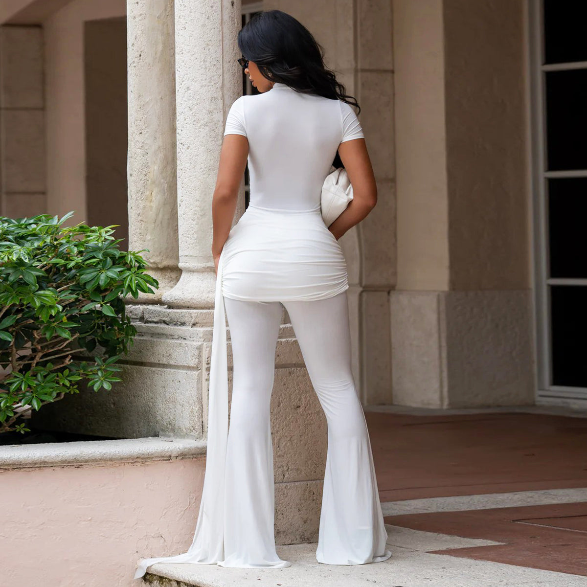 High-Neck Pleated Drawstring Slim-Fit Jumpsuit
