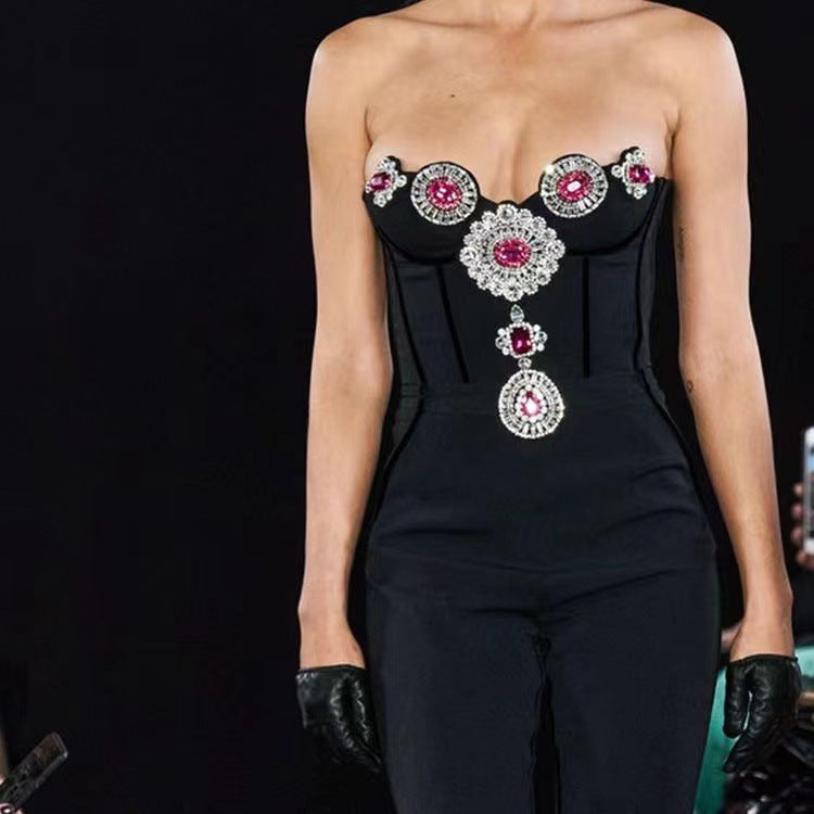 Bandage Jumpsuit Fashion Rhinestone Tube Top Party Jumpsuit