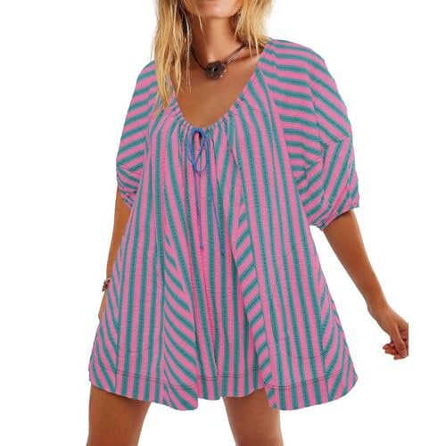Striped V-Neck Short Sleeve Loose Casual Jumpsuit