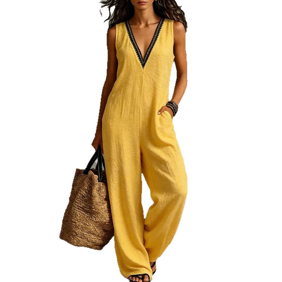 New Womens V-neck Sleeveless Wide-leg Jumpsuit