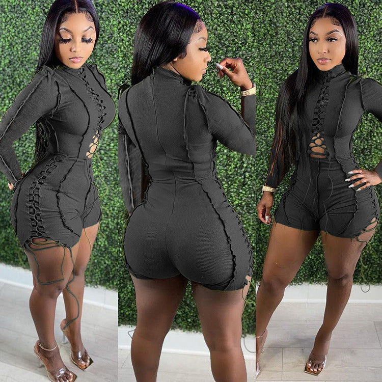 Fashion Sexy Patchwork Solid Color Tether Long Sleeve Jumpsuit
