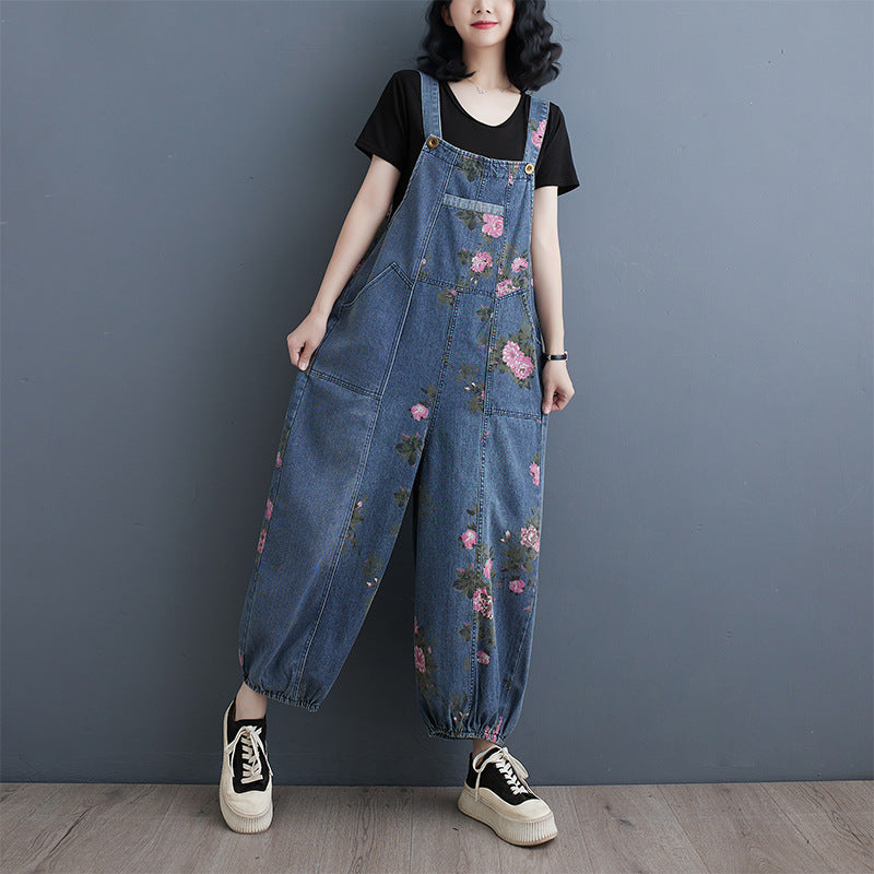 Denim Suspender Pants Straight Ankle-Tied Jumpsuit