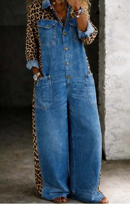 Chic Printed Long-Sleeve Lapel Jumpsuit