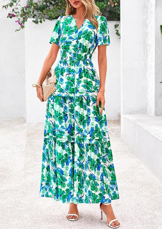 Womens Retro Floral Short-sleeve V-neck Dress