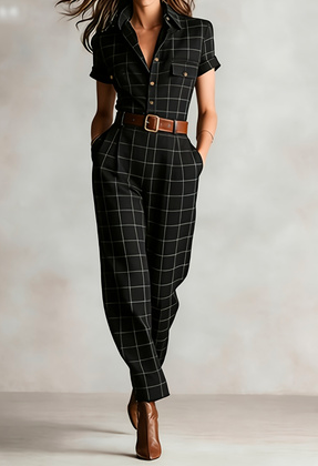 Vintage Plaid Lapel Short-sleeve Waist-cinched Utility Jumpsuit
