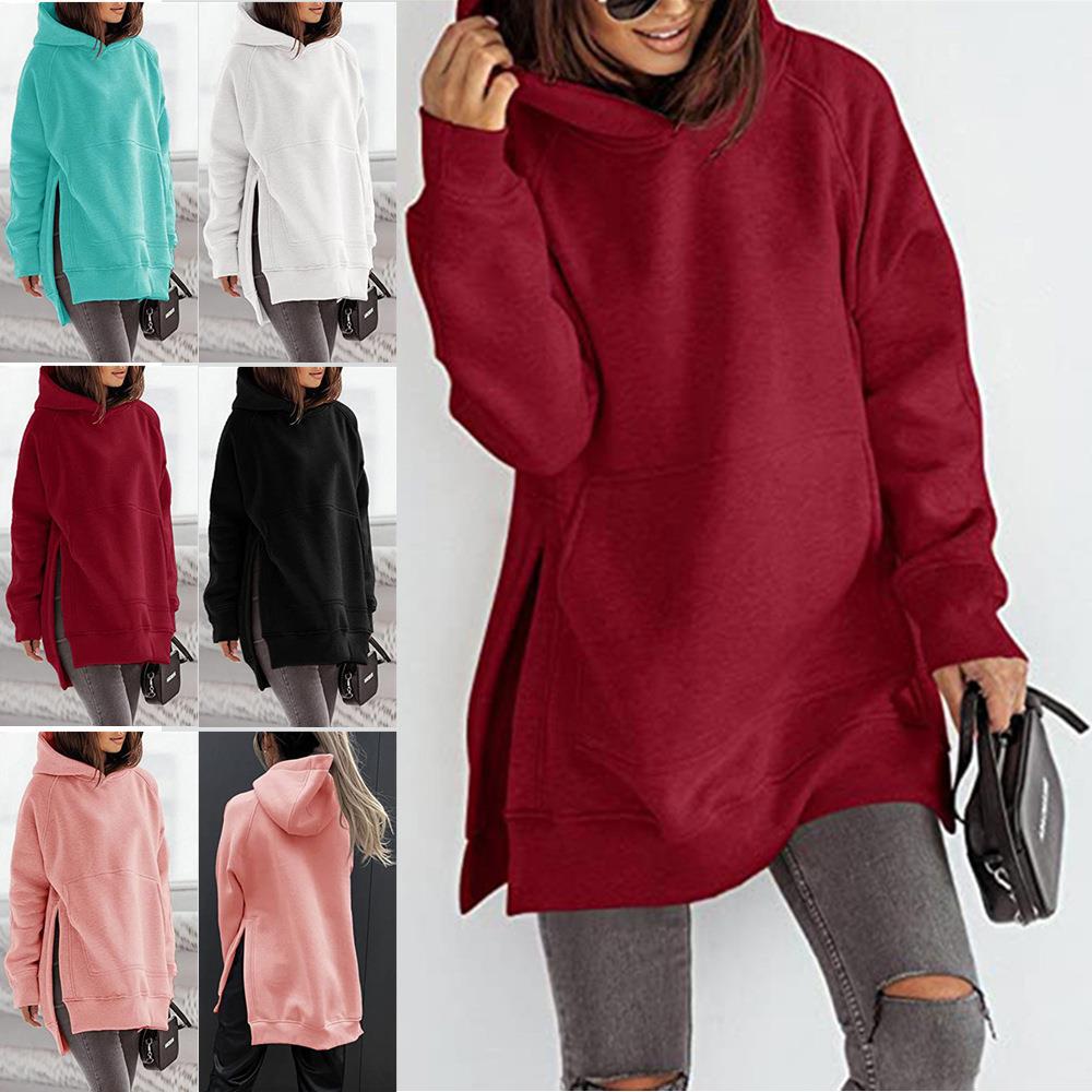 Women's Solid Round Neck Loose Pocket Plush Hoodie