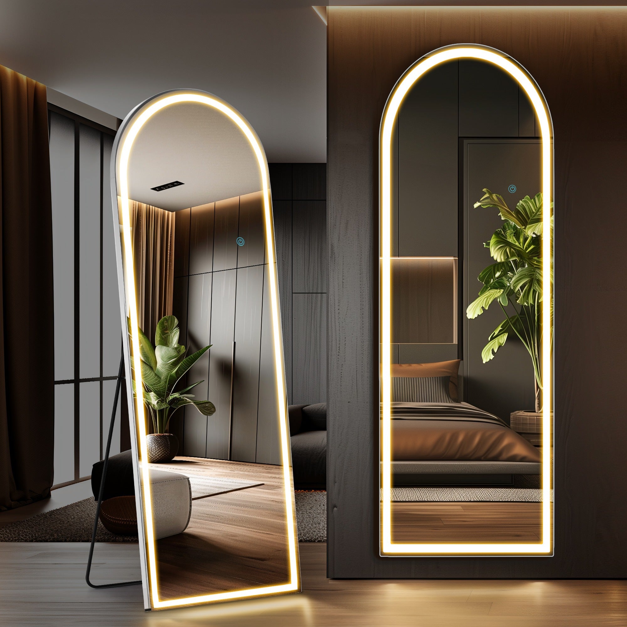 MCQ Arched/Rectangular LED Full Length Mirror, Full Body Floor Mirror Standing Hanging or Leaning Wall, Arch Wall Mirror with Stand Aluminum Alloy Thin Frame for Bedroom, Bathroom, Store