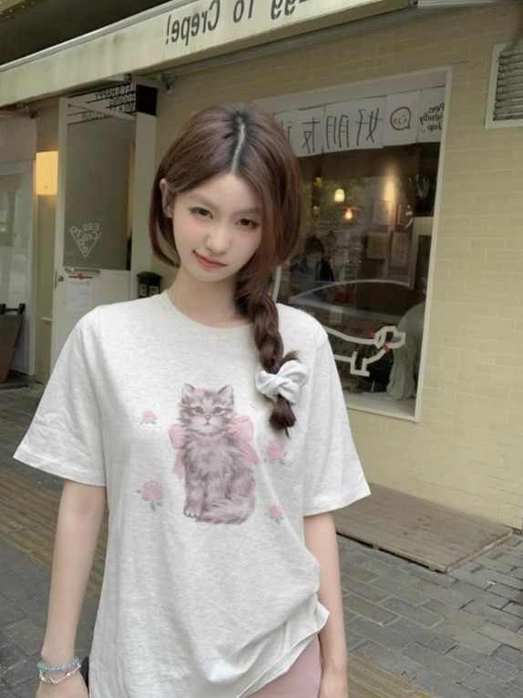 Cat Printing Short-sleeved T-shirt For Women Round Neck Loose Top