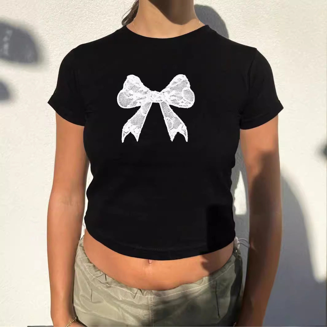 Preppy Bow-Knot Midriff T-Shirt – Slim Fit, Sweet Trend