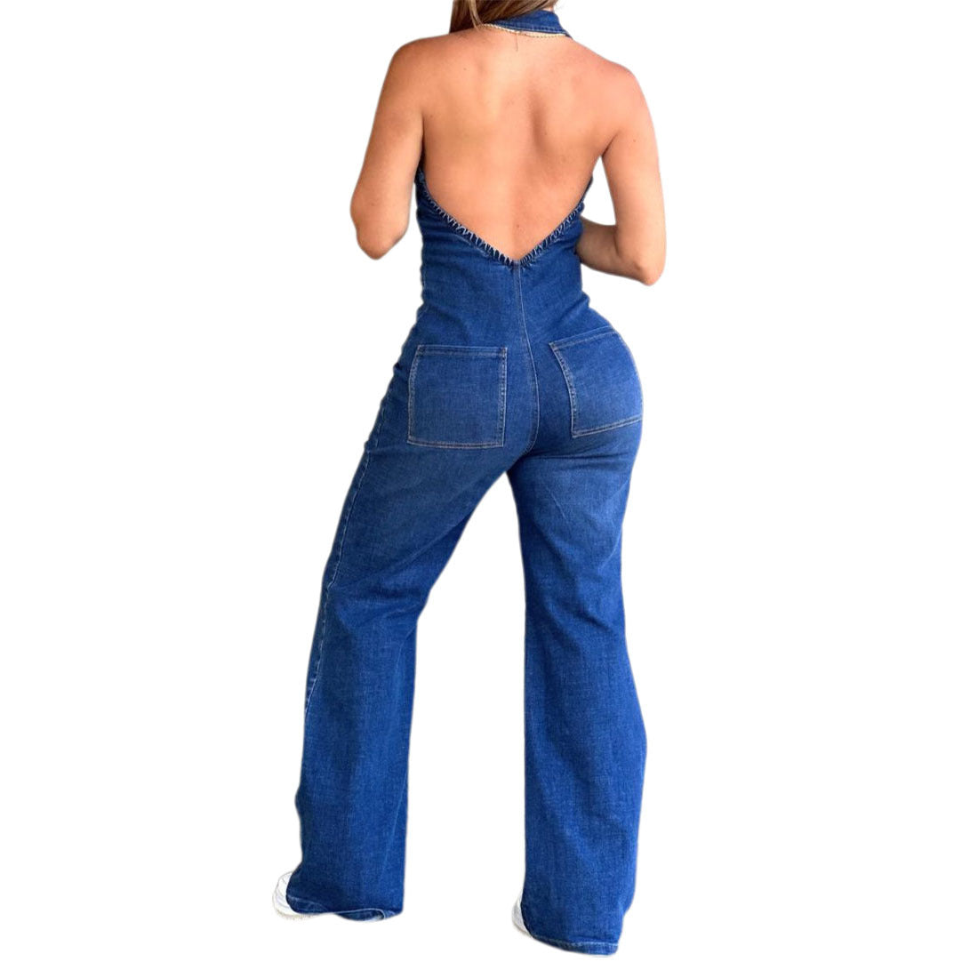 Retro Backless Denim Jumpsuit for Women