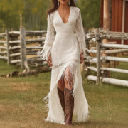 Lace V-neck Long-sleeve Tassel Short Dress with a Longer Back Hem
