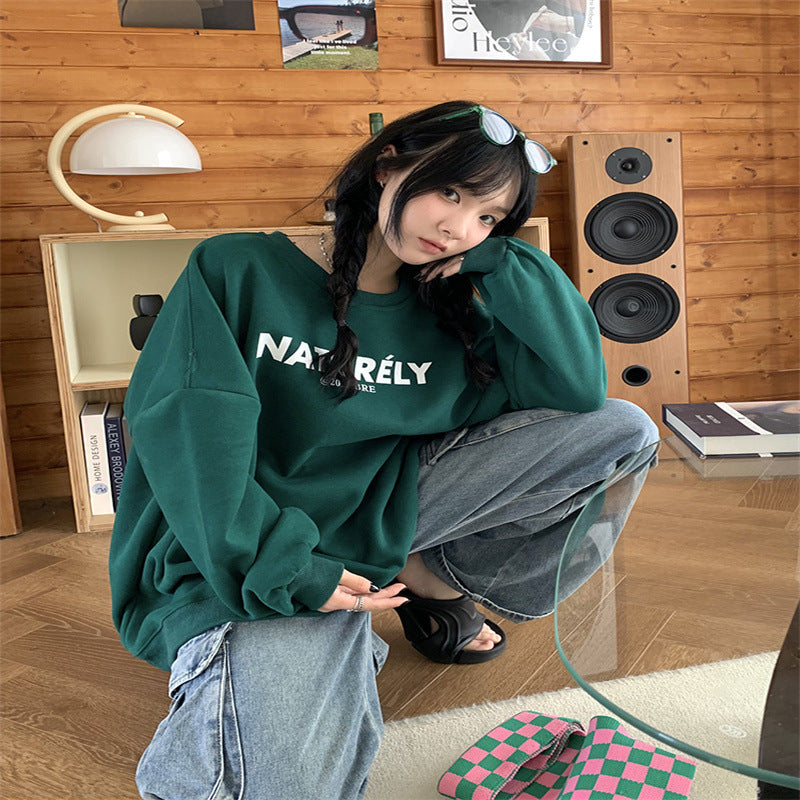 Cozy Fleece-Lined Letter Print Loose Long Sleeve Sweater