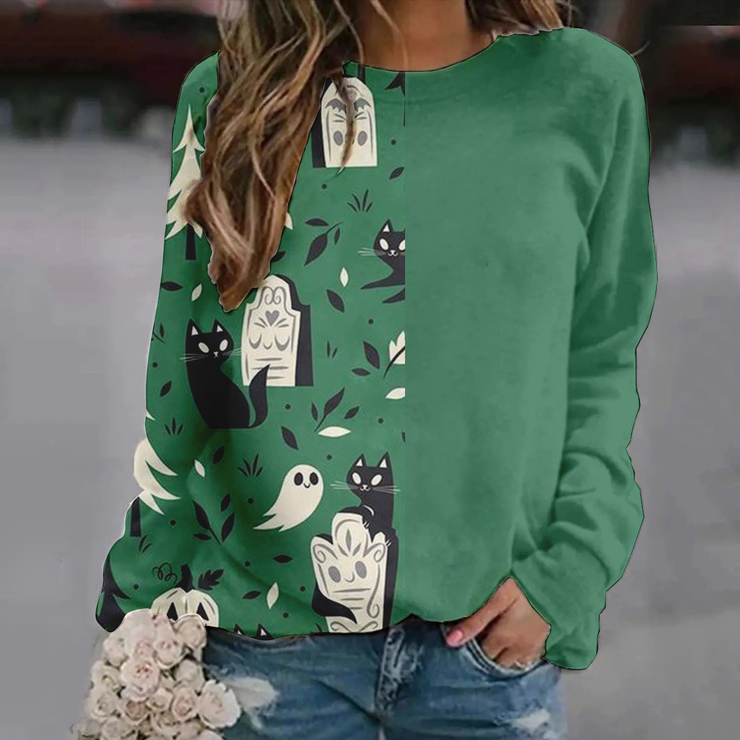 Women's Halloween Printed Raglan Sleeve Sweater