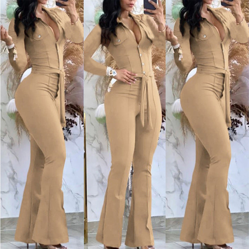 Autumn And Winter Button Lapel Slightly Flared Workwear Bag Jumpsuit Containing Belt