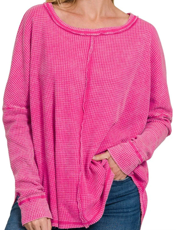 Women's Casual Washed Waffle Long-Sleeve Pullover Top