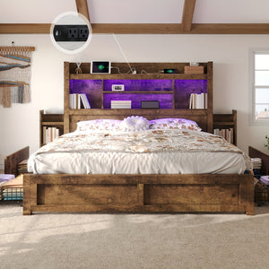 Farmhouse Wooden Bed Frame With 4 Storage Drawers, LED Bed Frame With 49" Tall Bookcase Headboard, Wood Platform Bed With Charging Station & 2 Slide Bedside Shelf