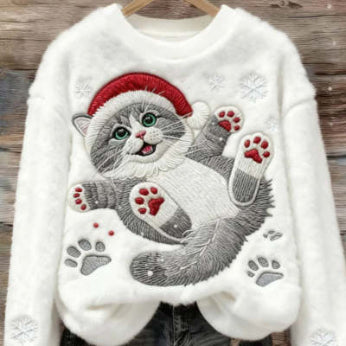 3d Digital Printed Flannel Christmas Women's Crew-neck Sweater