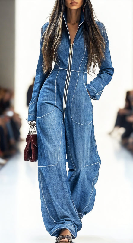 Retro Casual Zippered Long-Sleeve Wide-Leg Jumpsuit