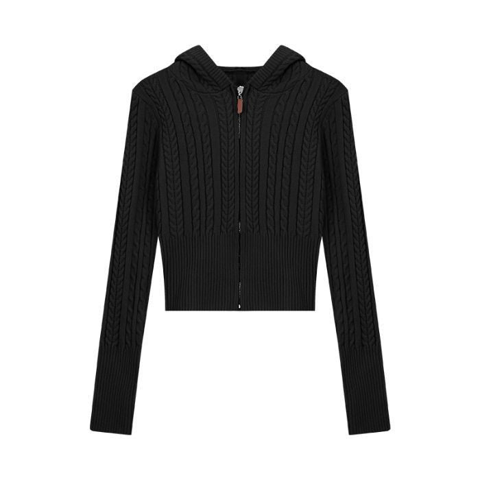 Soft Textured Knitted Hoodie with a Lazy Korean-style Zip-up Design