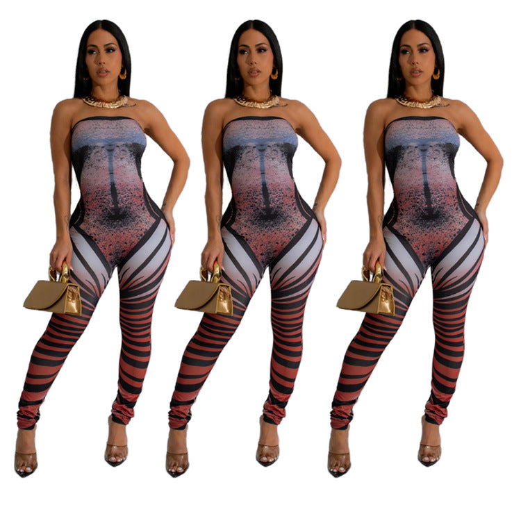 Digital Print Tube Top Jumpsuit Streetwear Romper