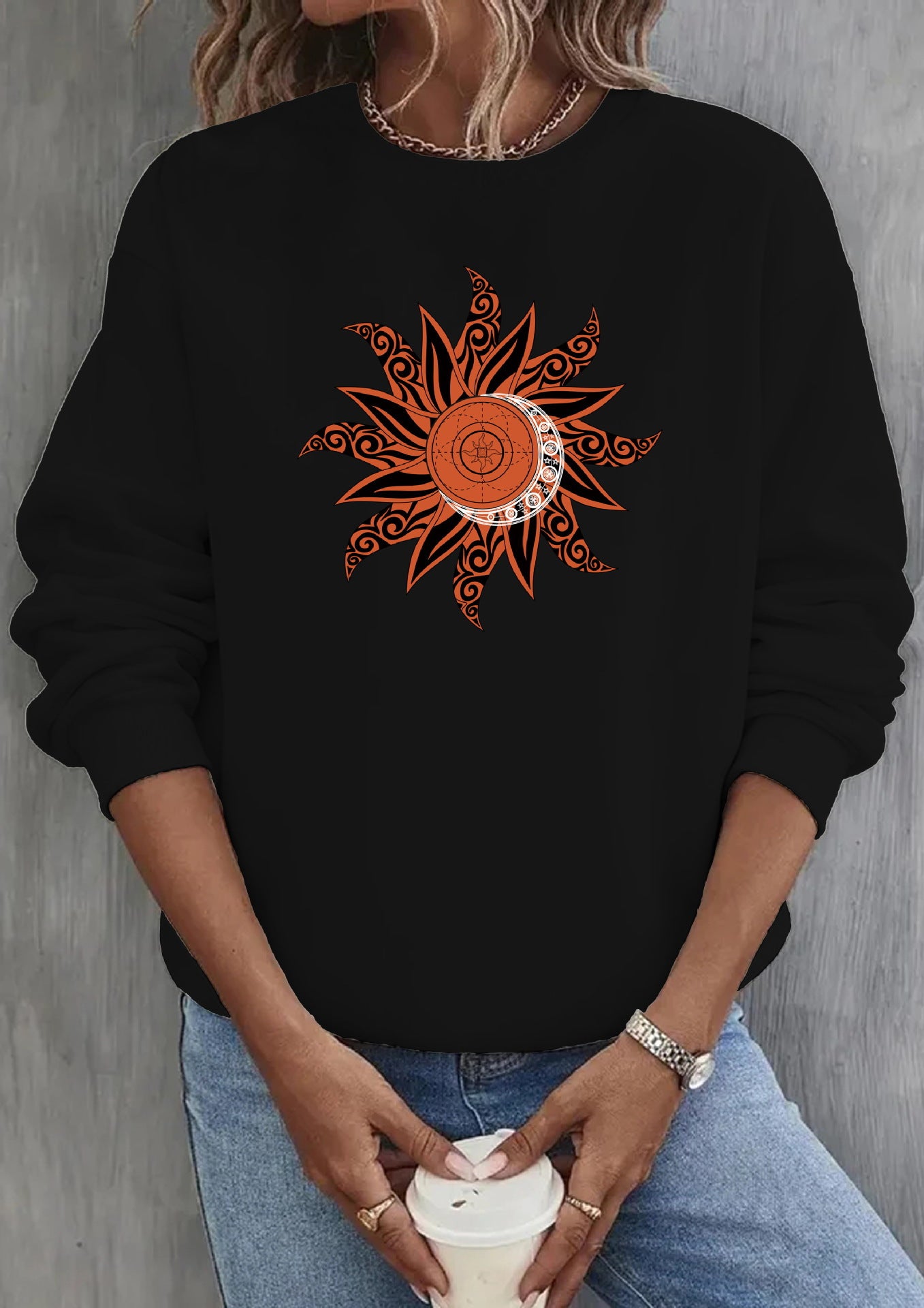 Cute Sun Print Casual Round Neck Pullover Sweater